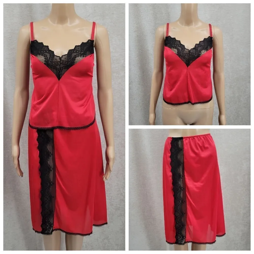 Juliana Vintage Red Nylon and Black Lace Matching Skirt / Cami Set Valentine's